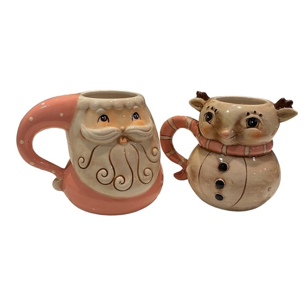 Johanna Parker Pink Santa & Reindeer Christmas Large Coffee / Cocoa 3D Mug Set